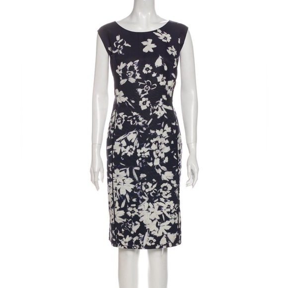 Lafayette 148 Navy Ink White Floral Shift Dress Sleeveless Career Office Sz 0 - Picture 1 of 9